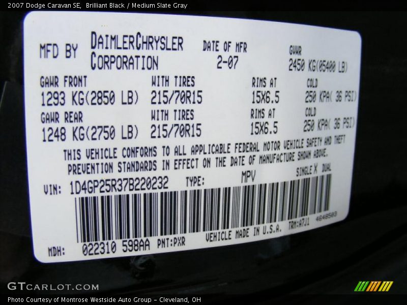 2007 Caravan SE Brilliant Black Color Code PXR
