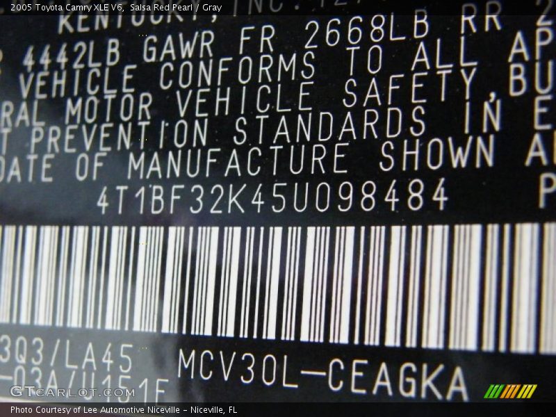 Info Tag of 2005 Camry XLE V6