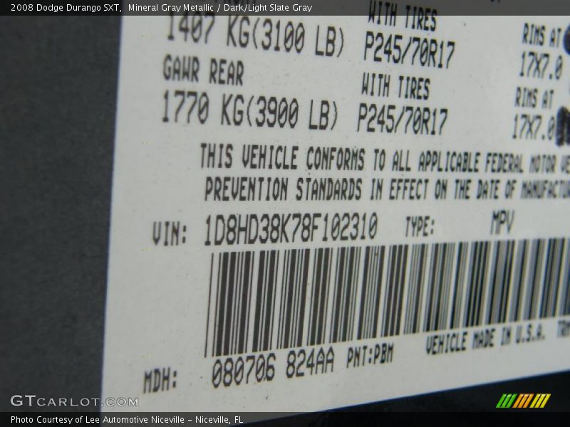 2008 Durango SXT Mineral Gray Metallic Color Code PBM