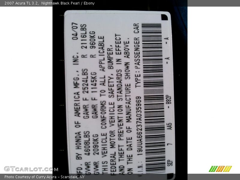 Nighthawk Black Pearl / Ebony 2007 Acura TL 3.2