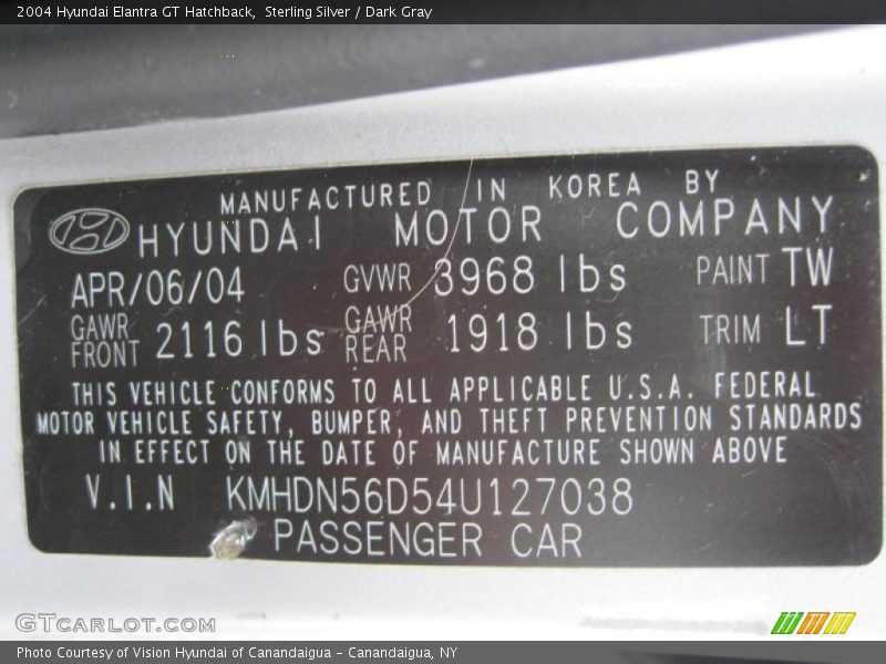 2004 Elantra GT Hatchback Sterling Silver Color Code TW