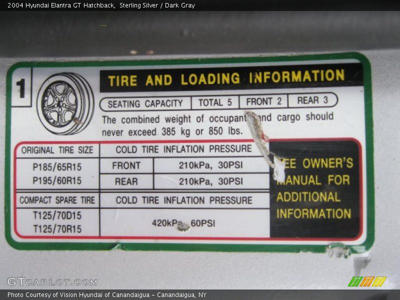Info Tag of 2004 Elantra GT Hatchback