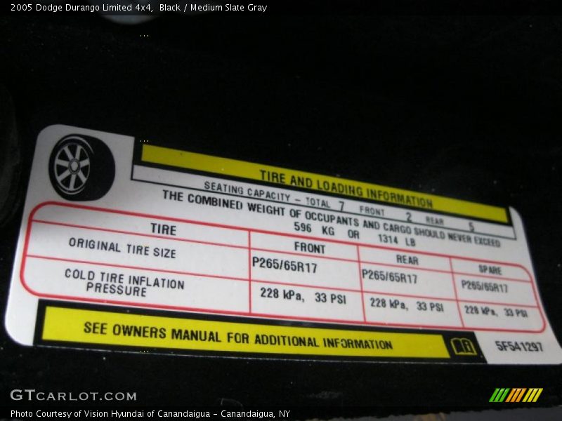 Info Tag of 2005 Durango Limited 4x4