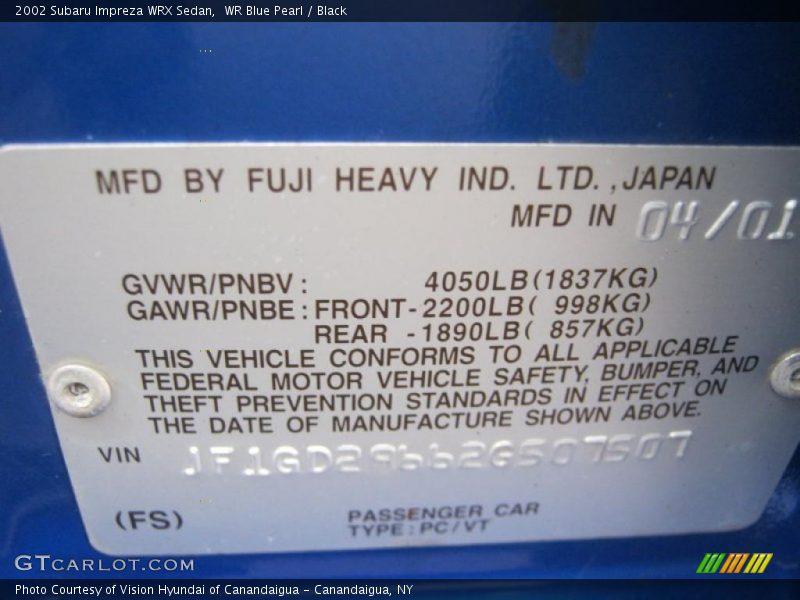 Info Tag of 2002 Impreza WRX Sedan