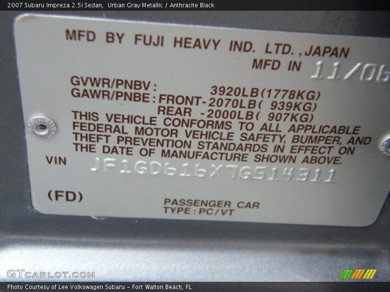 Urban Gray Metallic / Anthracite Black 2007 Subaru Impreza 2.5i Sedan