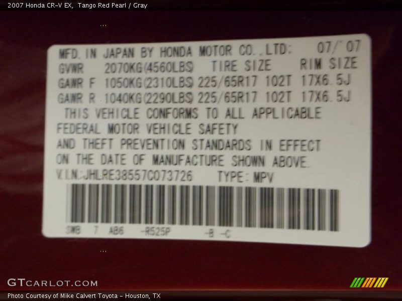 Tango Red Pearl / Gray 2007 Honda CR-V EX