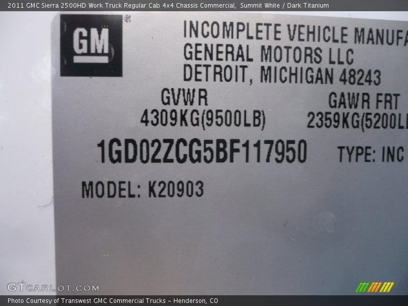 Info Tag of 2011 Sierra 2500HD Work Truck Regular Cab 4x4 Chassis Commercial