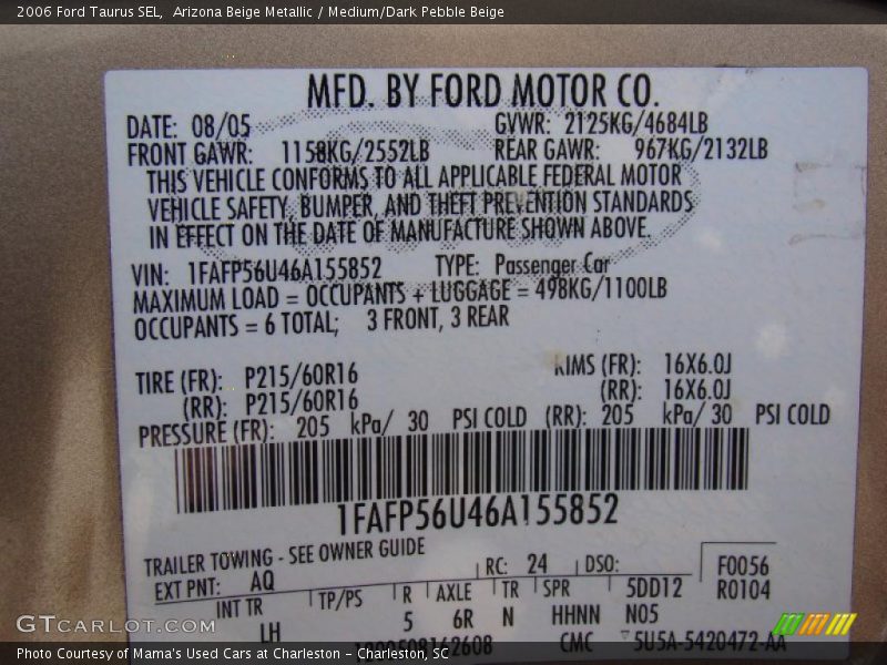 Arizona Beige Metallic / Medium/Dark Pebble Beige 2006 Ford Taurus SEL