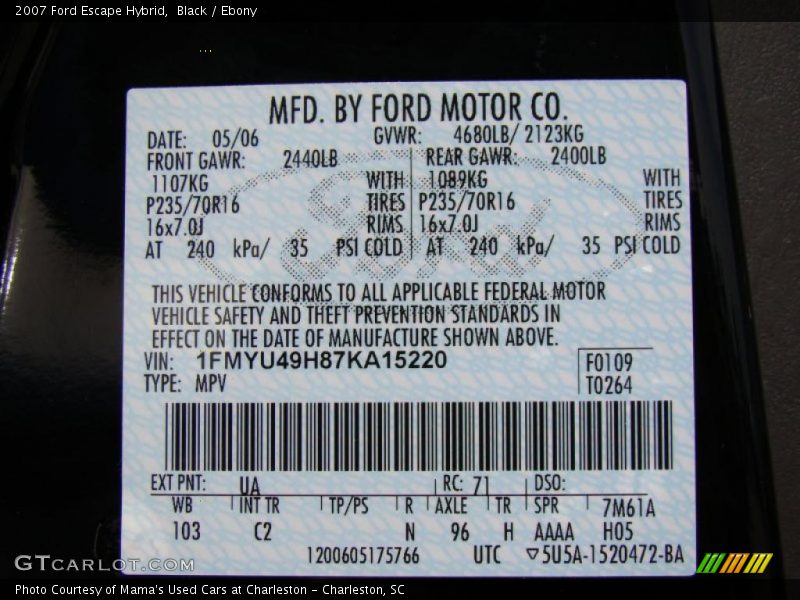 2007 Escape Hybrid Black Color Code UA