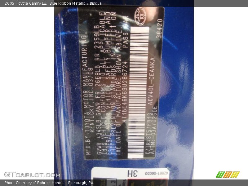 Blue Ribbon Metallic / Bisque 2009 Toyota Camry LE