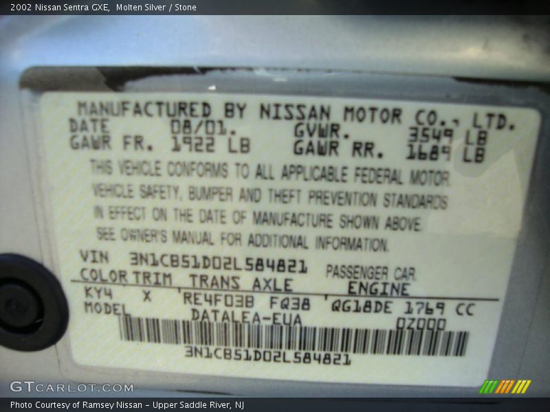 Molten Silver / Stone 2002 Nissan Sentra GXE