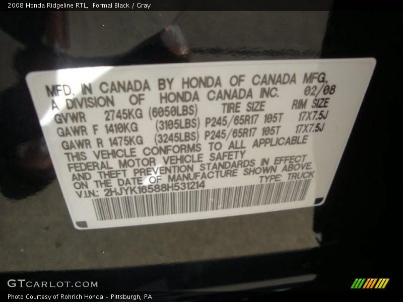 Formal Black / Gray 2008 Honda Ridgeline RTL
