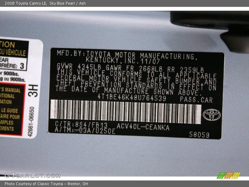 Sky Blue Pearl / Ash 2008 Toyota Camry LE