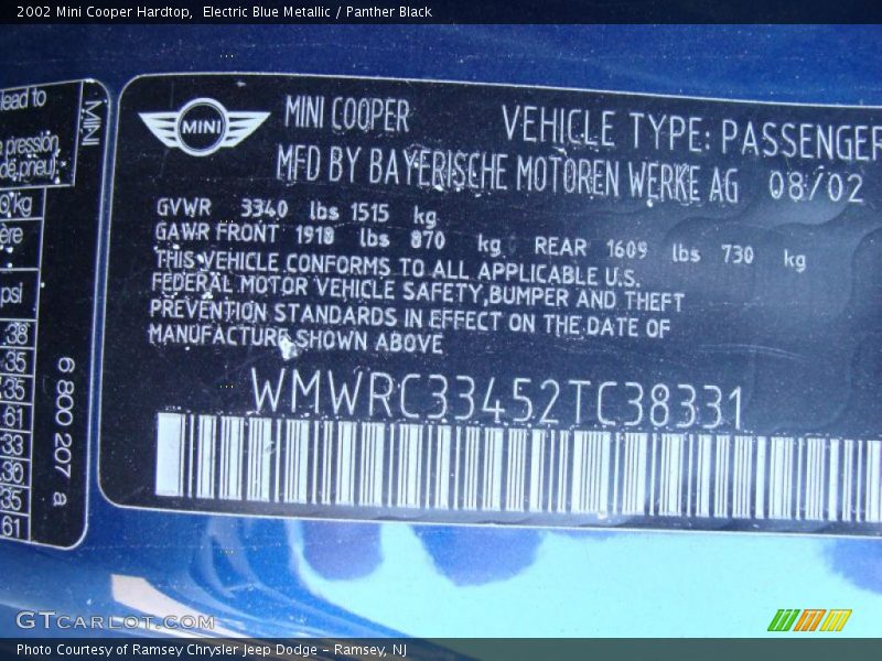 Electric Blue Metallic / Panther Black 2002 Mini Cooper Hardtop