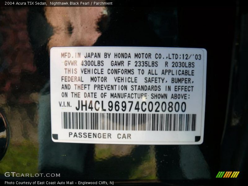 Info Tag of 2004 TSX Sedan