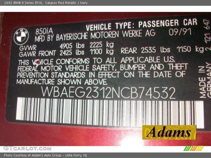 Info Tag of 1992 8 Series 850i