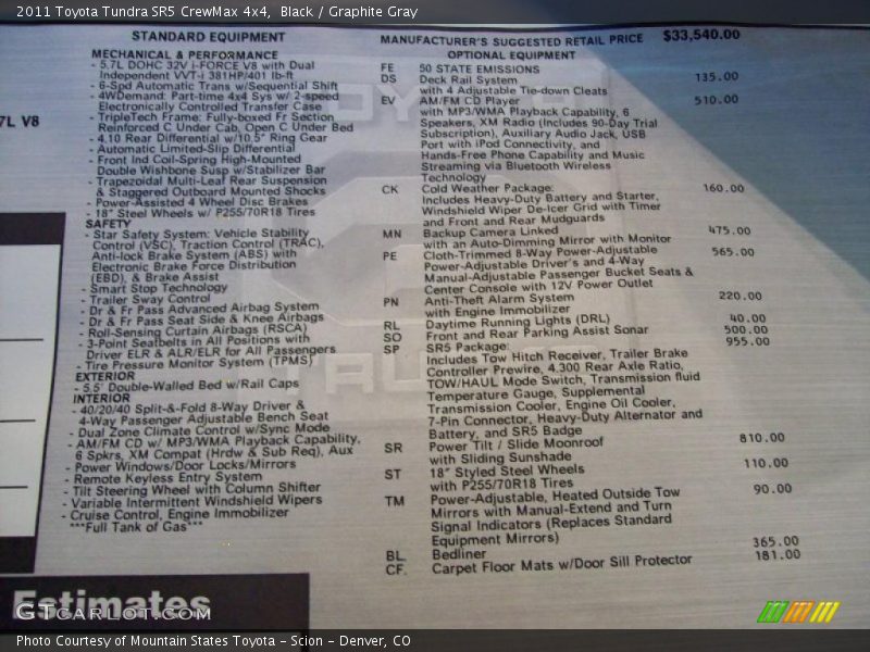  2011 Tundra SR5 CrewMax 4x4 Window Sticker