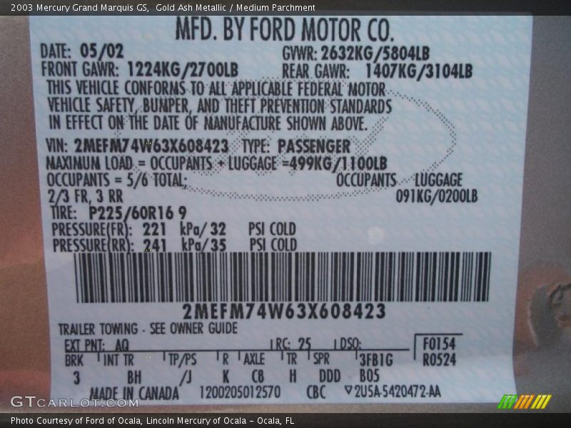 Gold Ash Metallic / Medium Parchment 2003 Mercury Grand Marquis GS