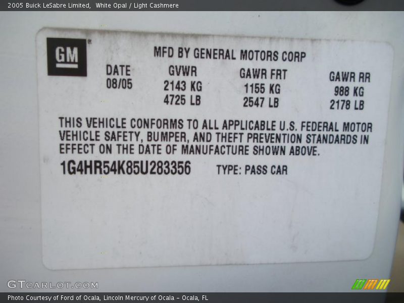 Info Tag of 2005 LeSabre Limited