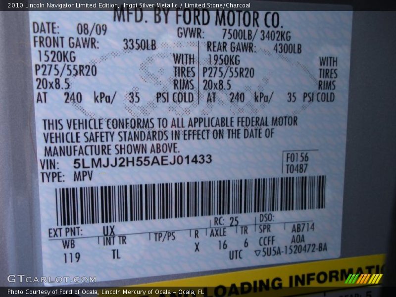 2010 Navigator Limited Edition Ingot Silver Metallic Color Code UX