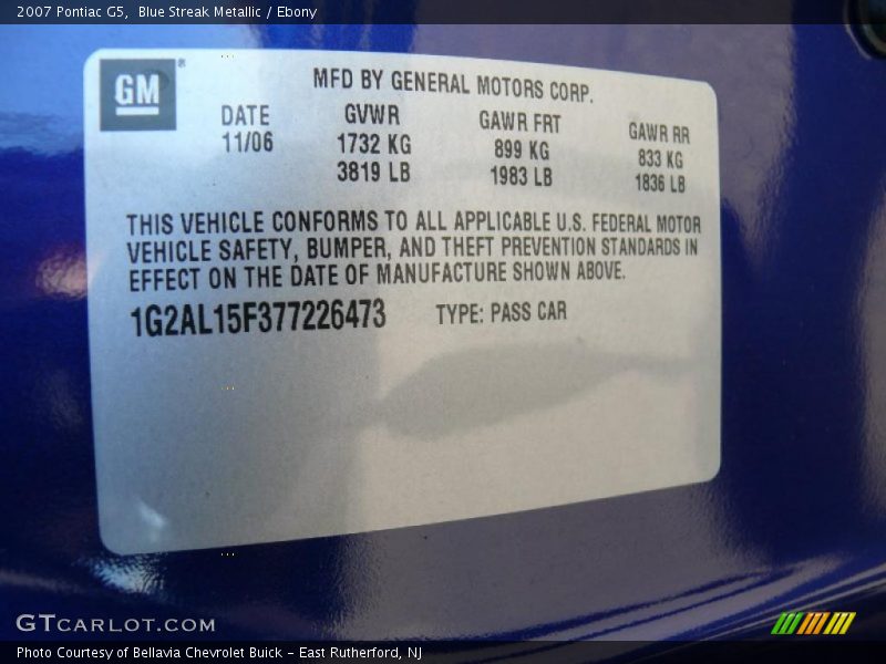 Blue Streak Metallic / Ebony 2007 Pontiac G5