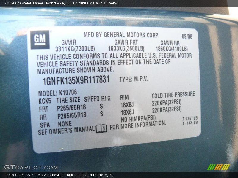 Info Tag of 2009 Tahoe Hybrid 4x4