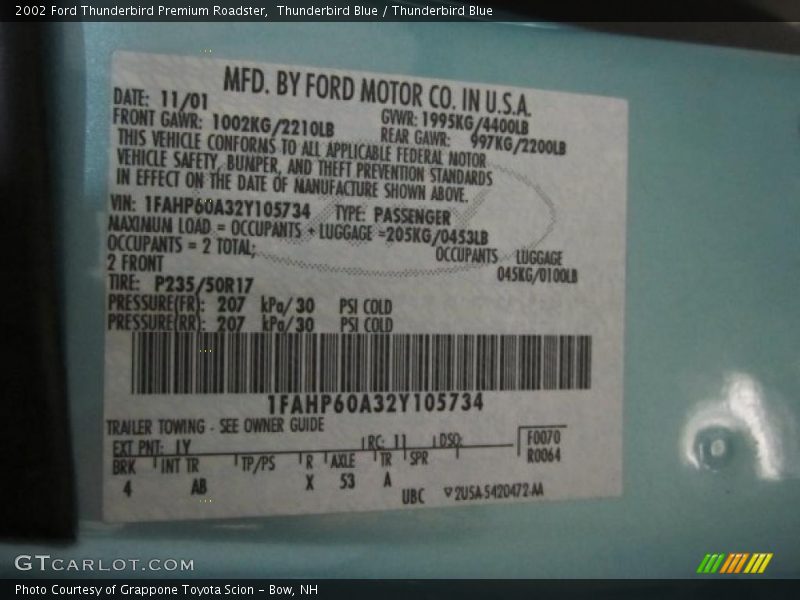 Info Tag of 2002 Thunderbird Premium Roadster