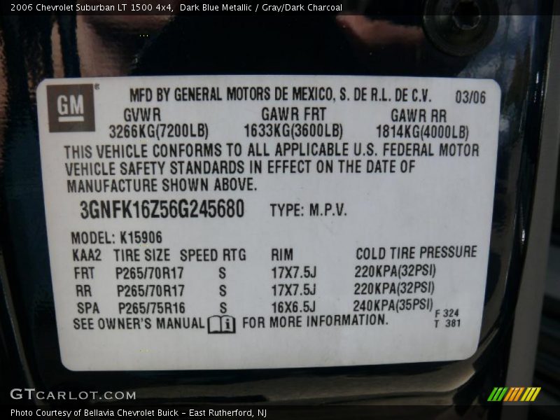 Info Tag of 2006 Suburban LT 1500 4x4