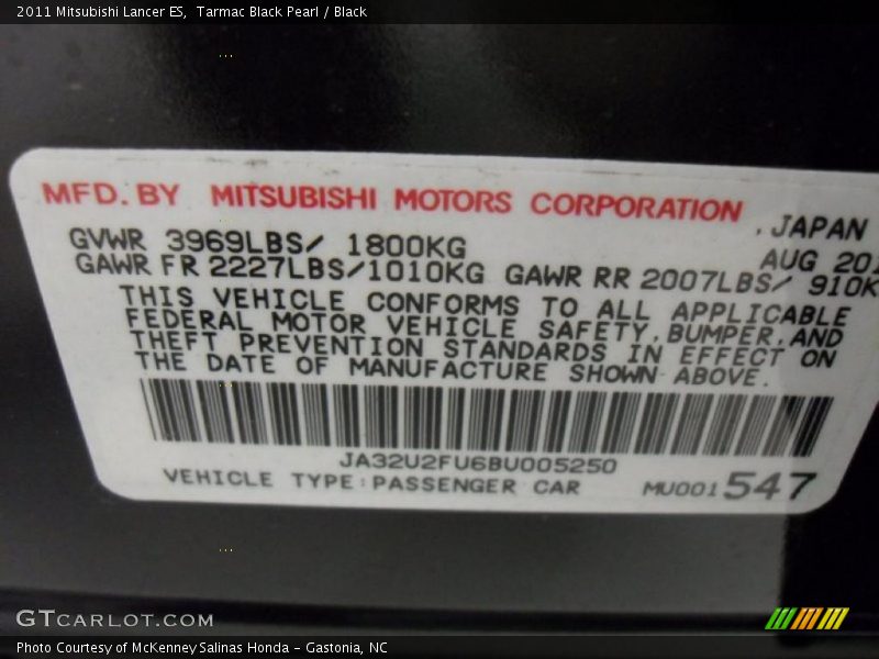 Info Tag of 2011 Lancer ES