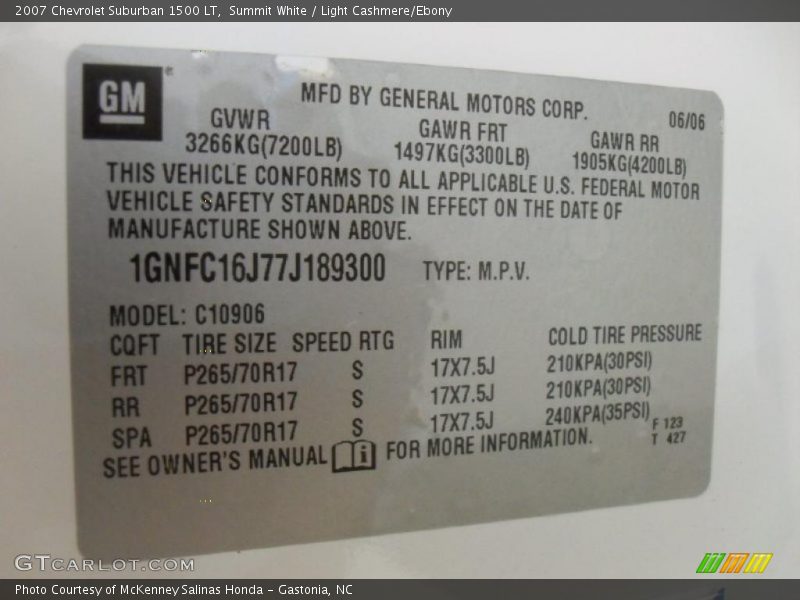 Info Tag of 2007 Suburban 1500 LT