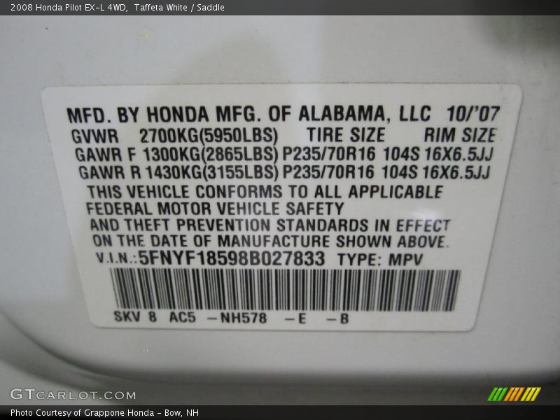 Taffeta White / Saddle 2008 Honda Pilot EX-L 4WD
