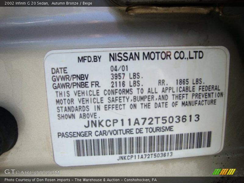 Info Tag of 2002 G 20 Sedan
