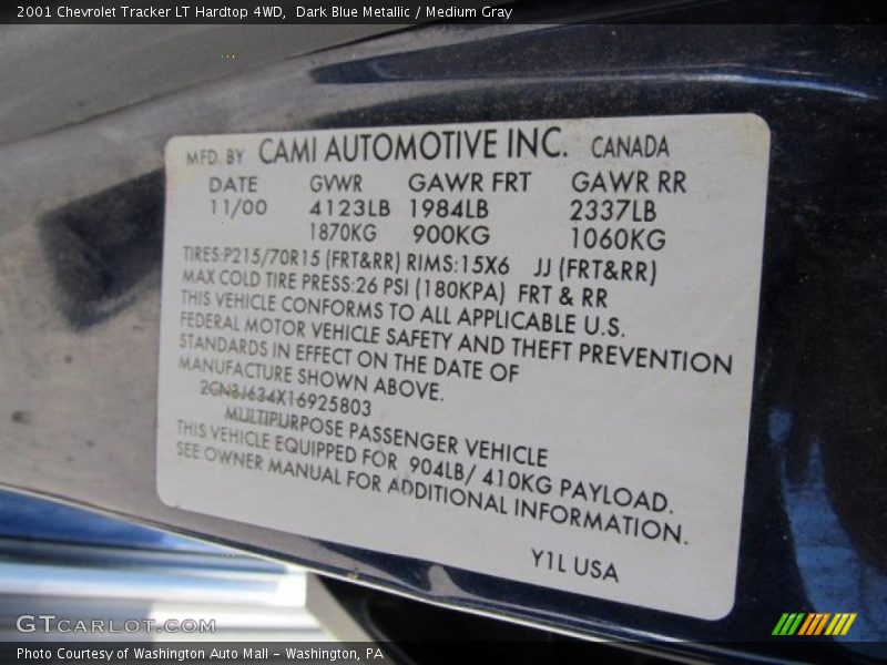 Info Tag of 2001 Tracker LT Hardtop 4WD
