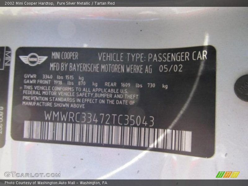 Info Tag of 2002 Cooper Hardtop