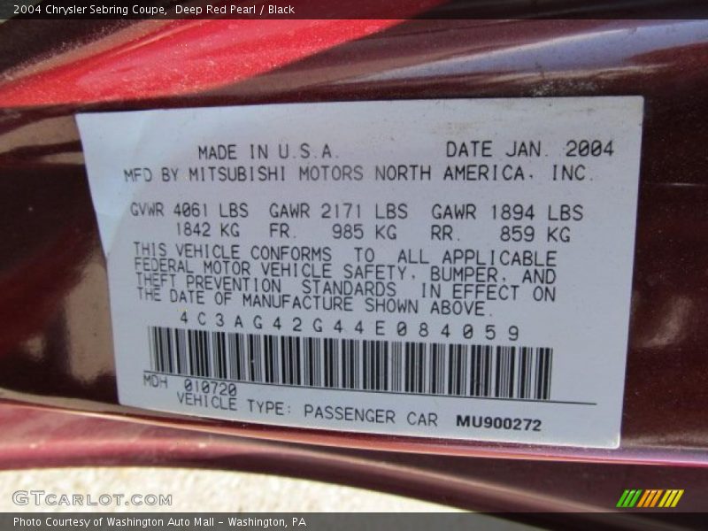 Info Tag of 2004 Sebring Coupe