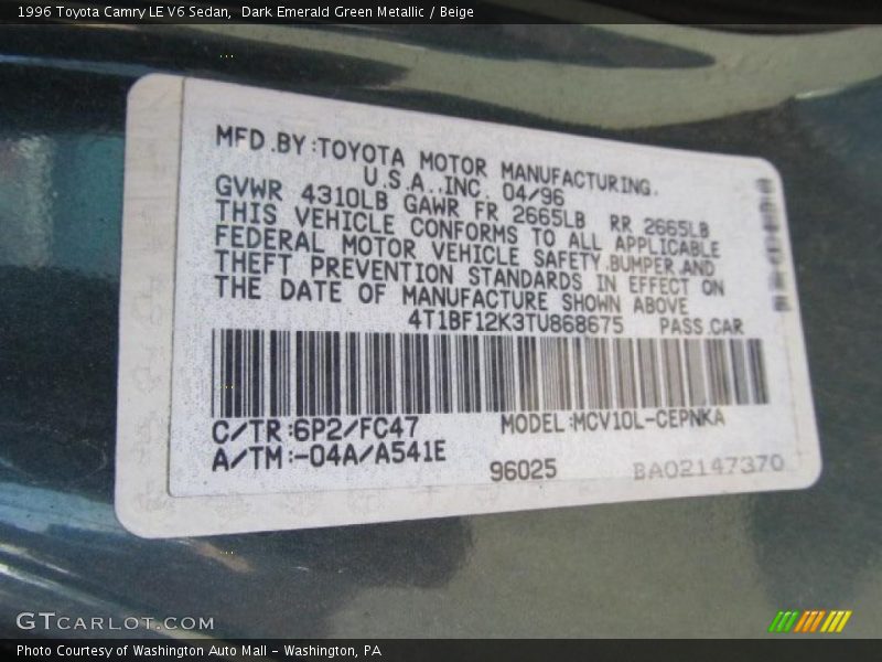 Dark Emerald Green Metallic / Beige 1996 Toyota Camry LE V6 Sedan