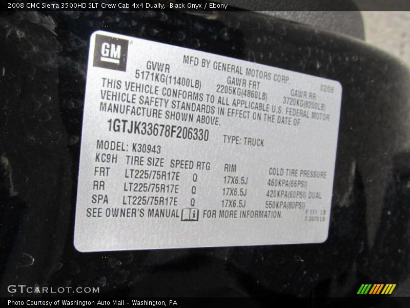 Info Tag of 2008 Sierra 3500HD SLT Crew Cab 4x4 Dually