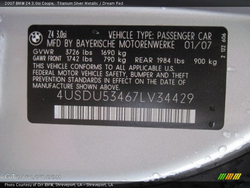 Info Tag of 2007 Z4 3.0si Coupe