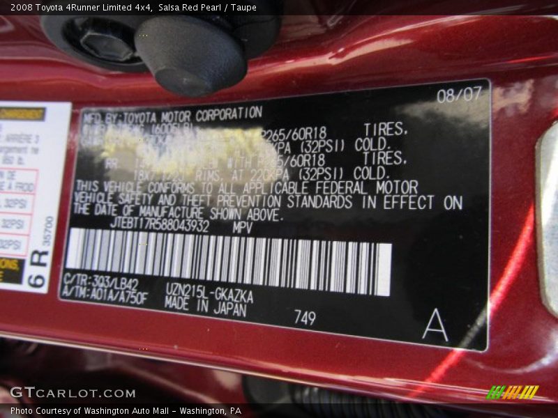 2008 4Runner Limited 4x4 Salsa Red Pearl Color Code 3Q3