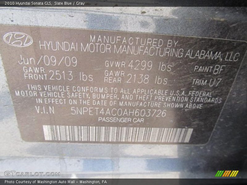 Slate Blue / Gray 2010 Hyundai Sonata GLS