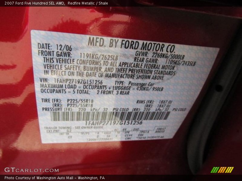 2007 Five Hundred SEL AWD Redfire Metallic Color Code G2