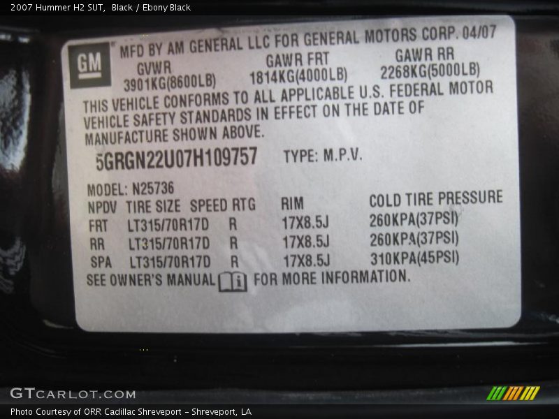 Info Tag of 2007 H2 SUT