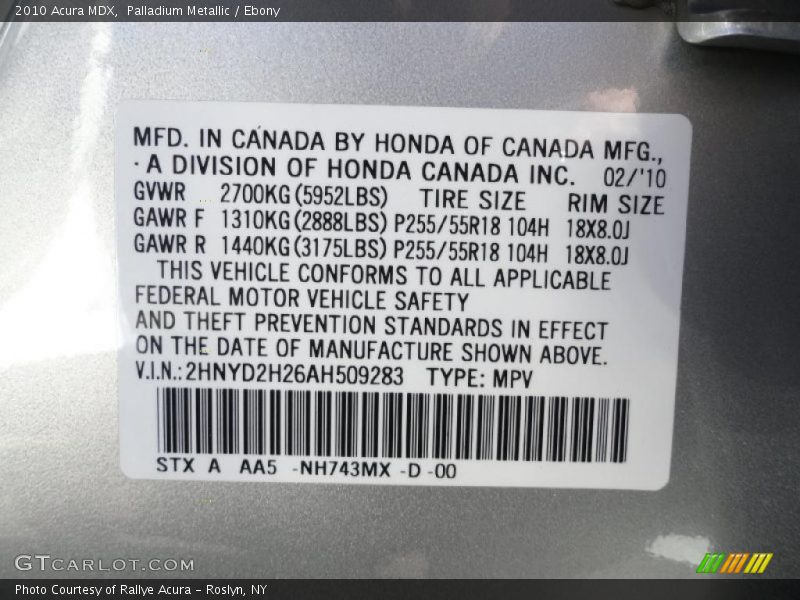 2010 MDX  Palladium Metallic Color Code NH743MX