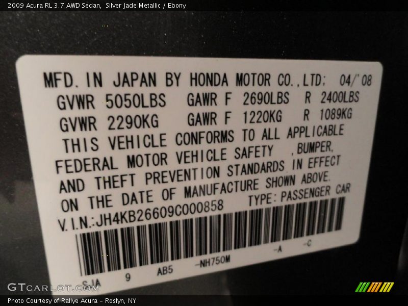 2009 RL 3.7 AWD Sedan Silver Jade Metallic Color Code NH750M