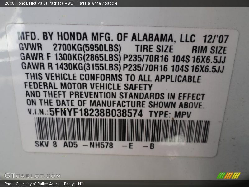 Taffeta White / Saddle 2008 Honda Pilot Value Package 4WD