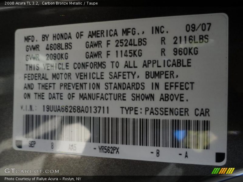 Carbon Bronze Metallic / Taupe 2008 Acura TL 3.2