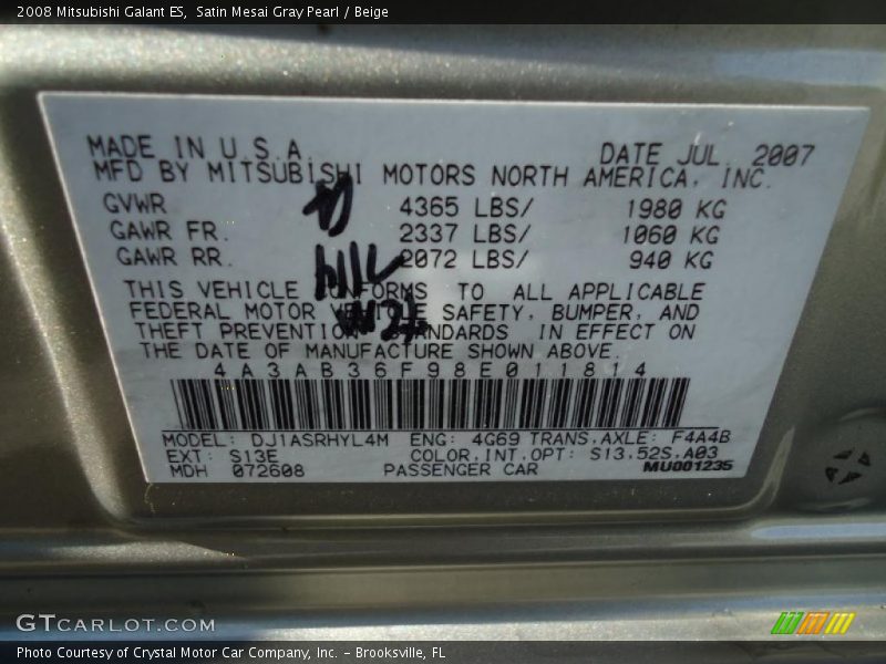 Satin Mesai Gray Pearl / Beige 2008 Mitsubishi Galant ES