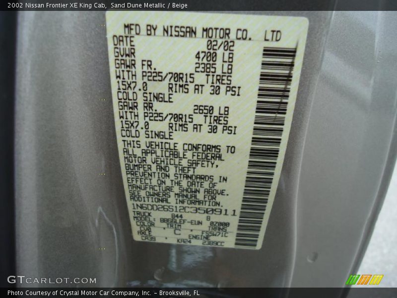 2002 Frontier XE King Cab Sand Dune Metallic Color Code CV0