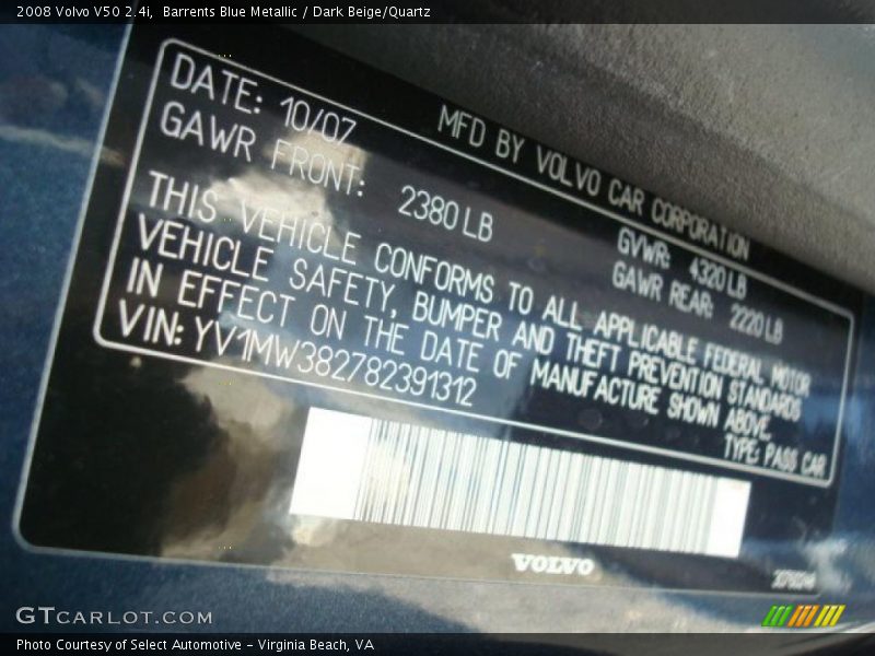 Info Tag of 2008 V50 2.4i