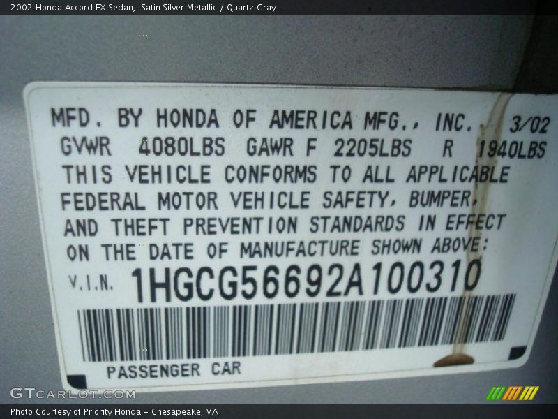 Info Tag of 2002 Accord EX Sedan